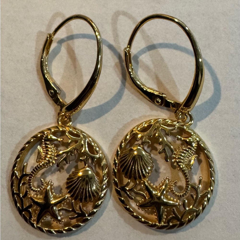 18kt Gold 925 Sterling Silver Shell Sea Horse Starfish Dangle Office Earrings